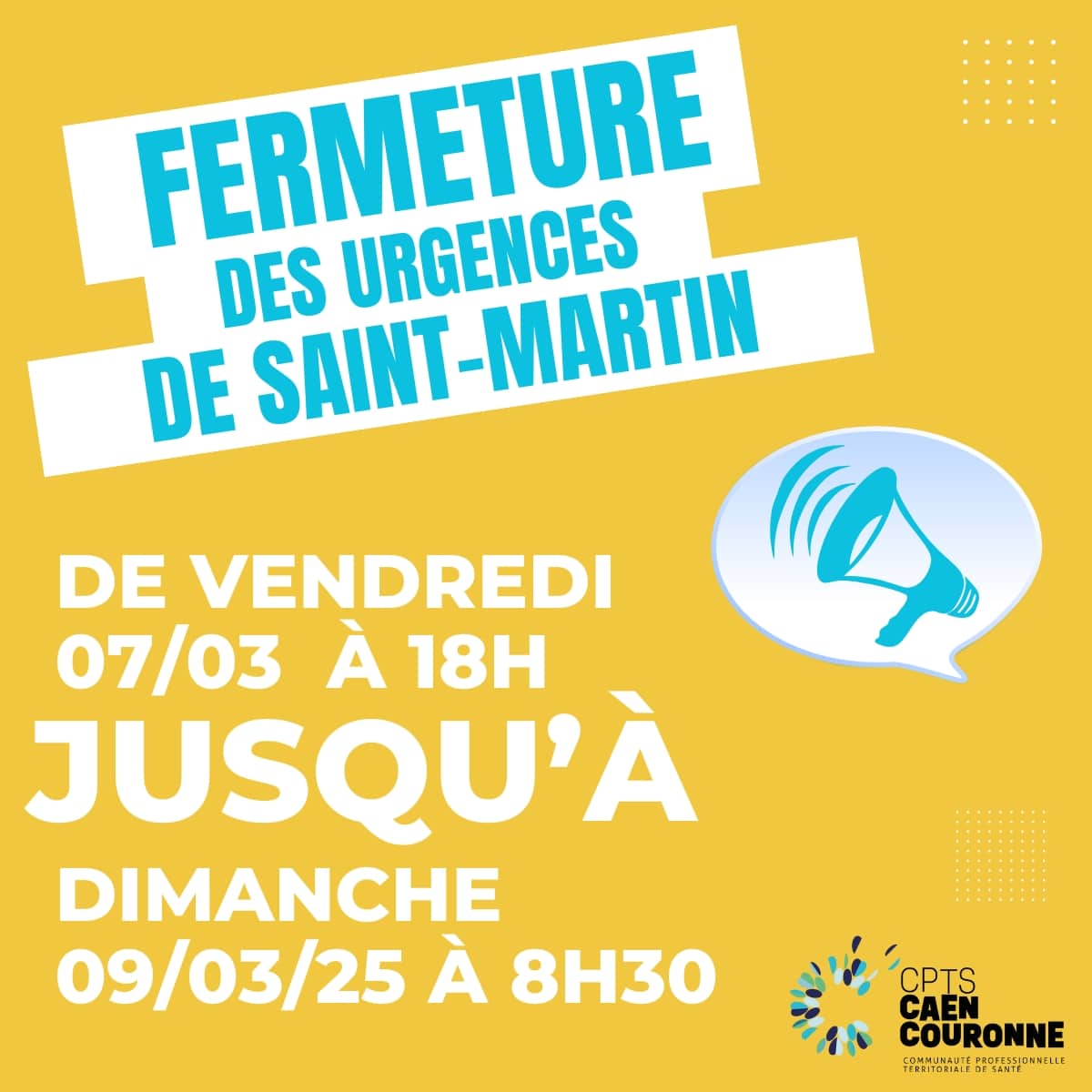 Infographie annonçant la fermeture du service des urgences de l'hôpital privé Saint-Martin. Fond jaune, écriture bleu et blanche